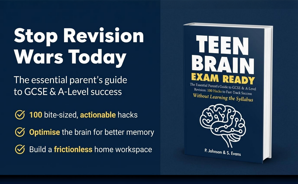 Teen Brain Exam Ready book cover showing a brain circuit diagram. A tactical manual for UK parents to support GCSE and A-Level revision using adolescent neuropsychology.
