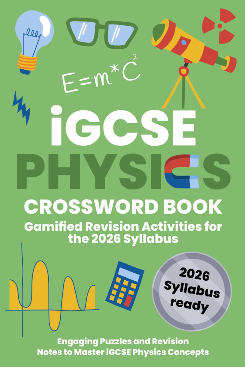 Cover of IGCSE Physics Crossword Book with educational graphics on a green background